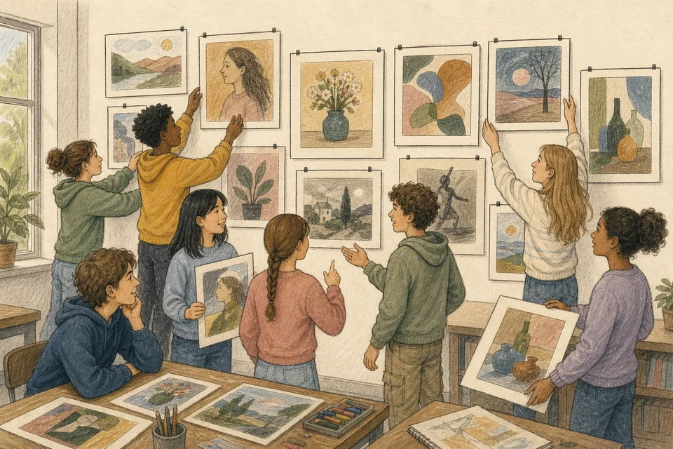Studenti che allestiscono una galleria in classe