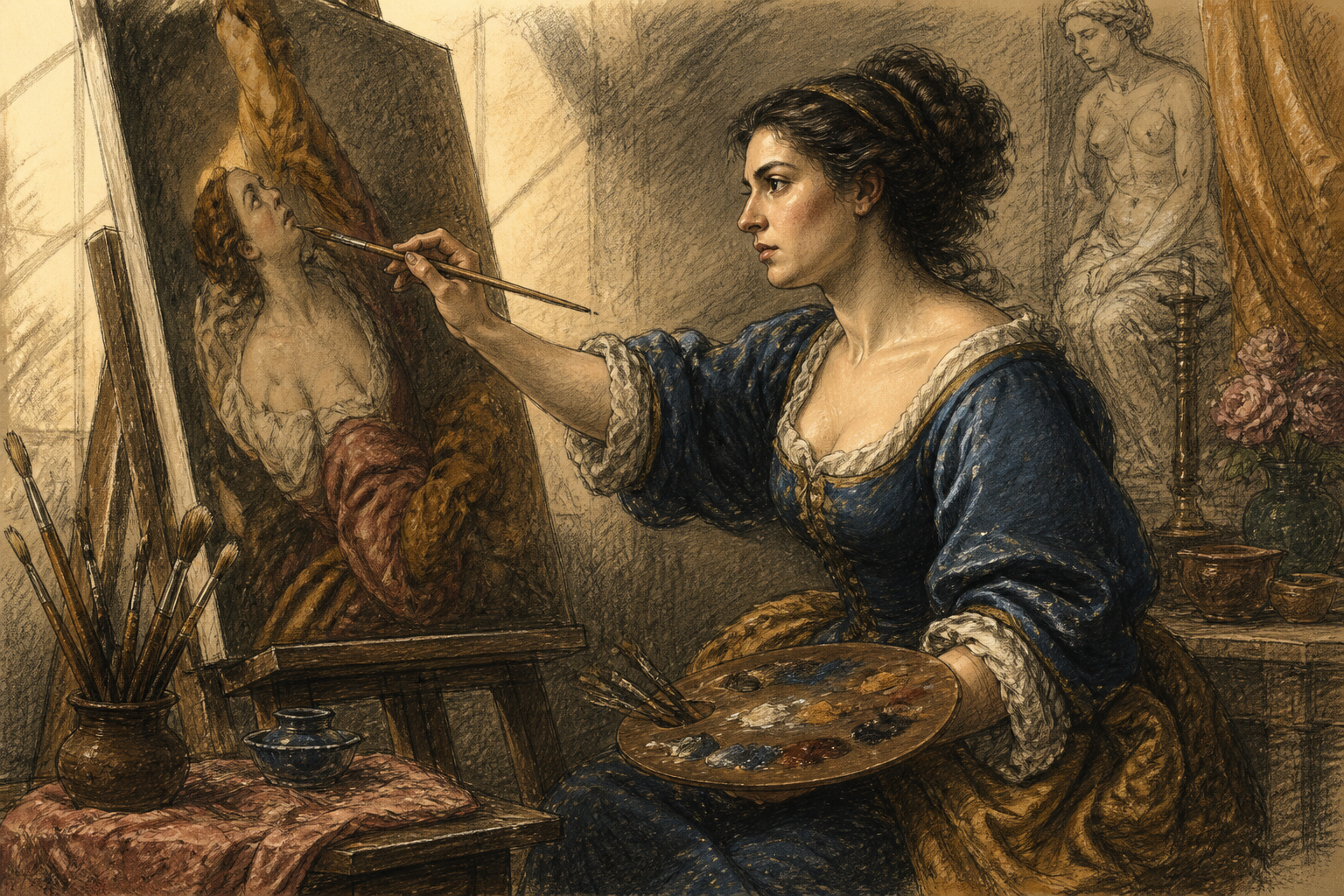 Artemisia Gentileschi dipinge nel suo studio