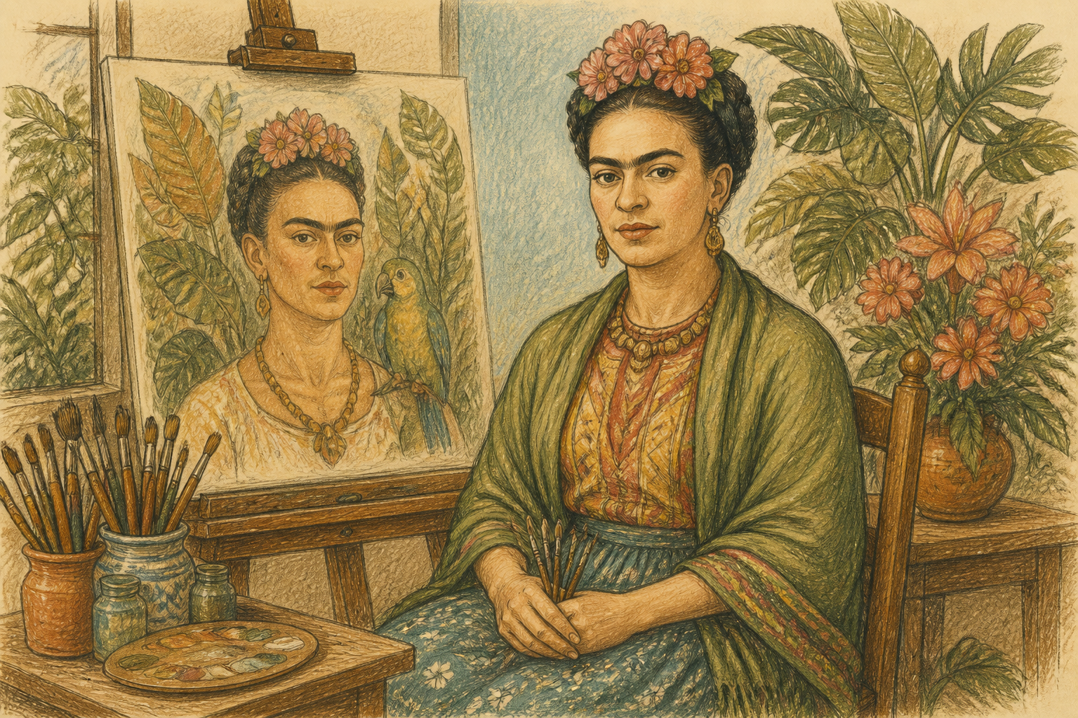 Frida Kahlo nel suo studio con autoritratti