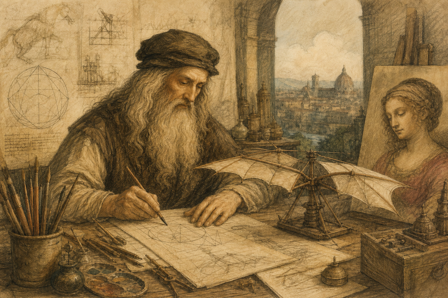 Leonardo osserva e disegna un’invenzione
