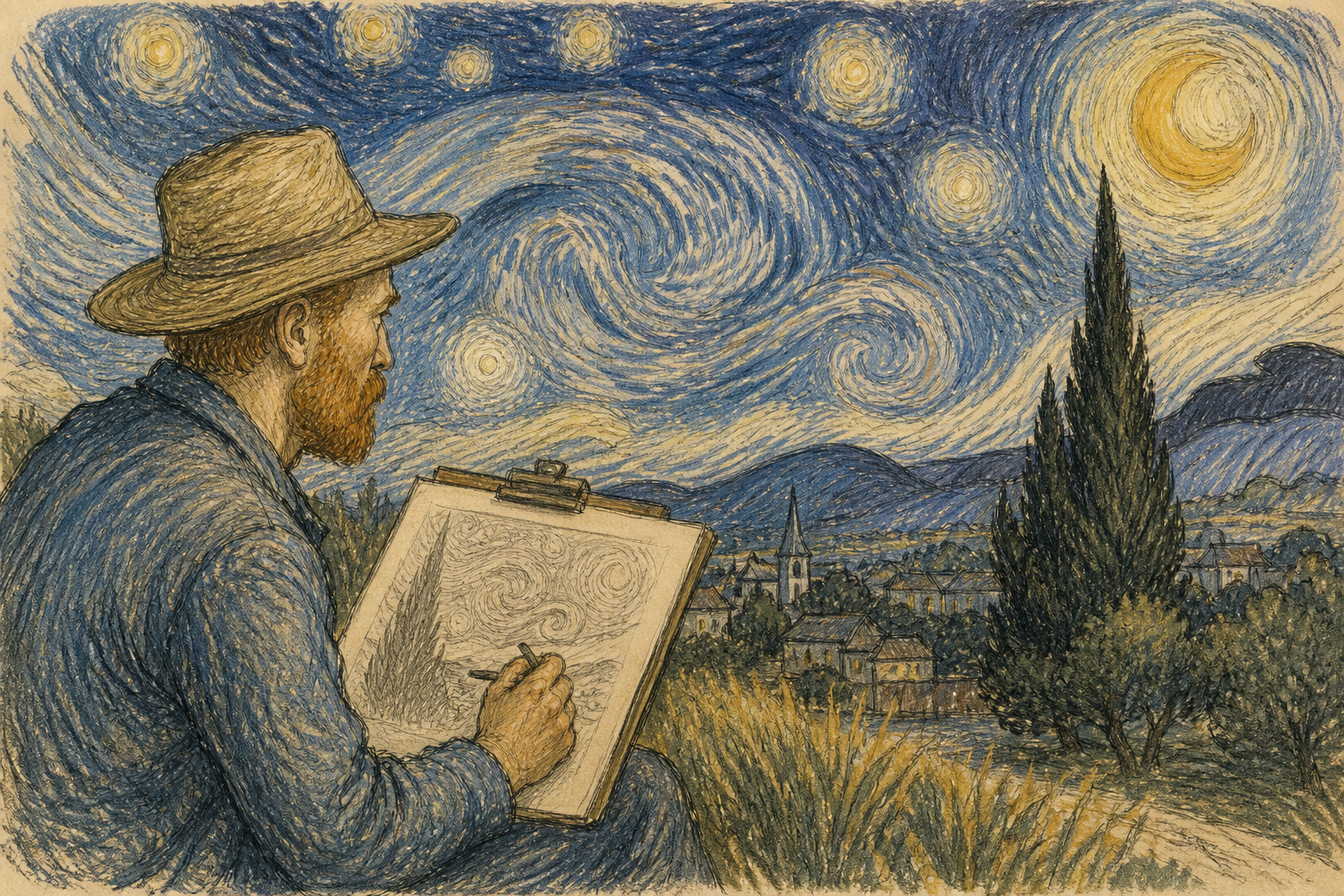 Vincent van Gogh disegna un paesaggio